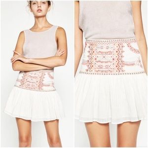 White Embroidered Tribal Boho Flounce Mini Skirt